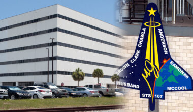 A montage image of an office building and a large mission patch sign suspended on a wall.