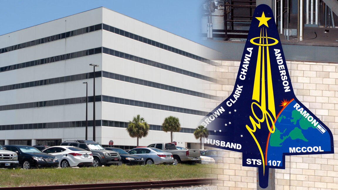 A montage image of an office building and a large mission patch sign suspended on a wall.