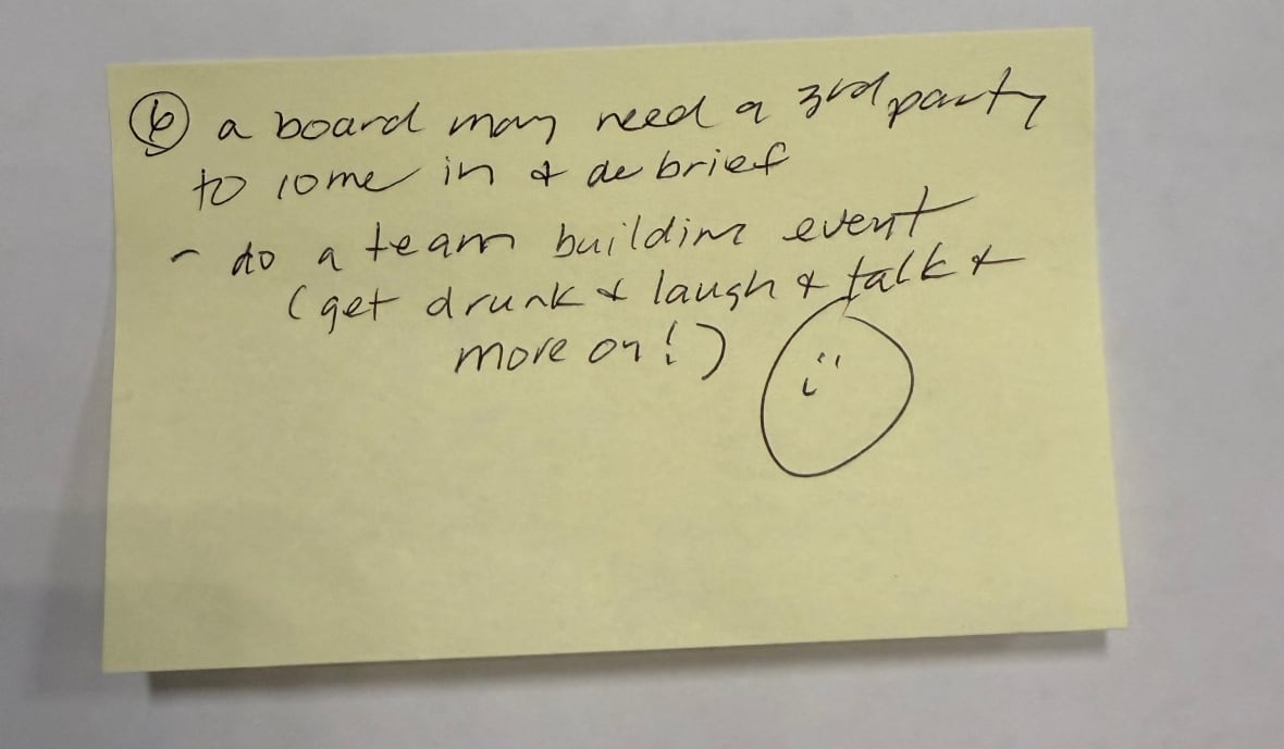 The post it note suggesting councillors who disagreed should go for a beer and laugh it off.