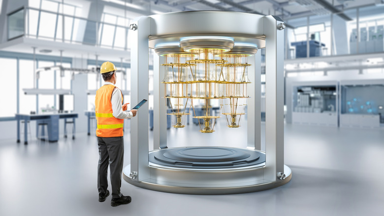 Quantum computer and quantum engineer inspecting the system