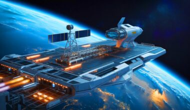 Illustration of an orbital aircraft carrier developed by the U.S. Space Force and Gravitics for satellite deployment.