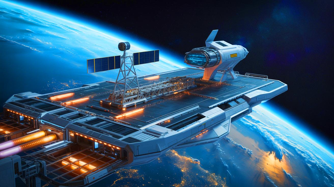 Illustration of an orbital aircraft carrier developed by the U.S. Space Force and Gravitics for satellite deployment.