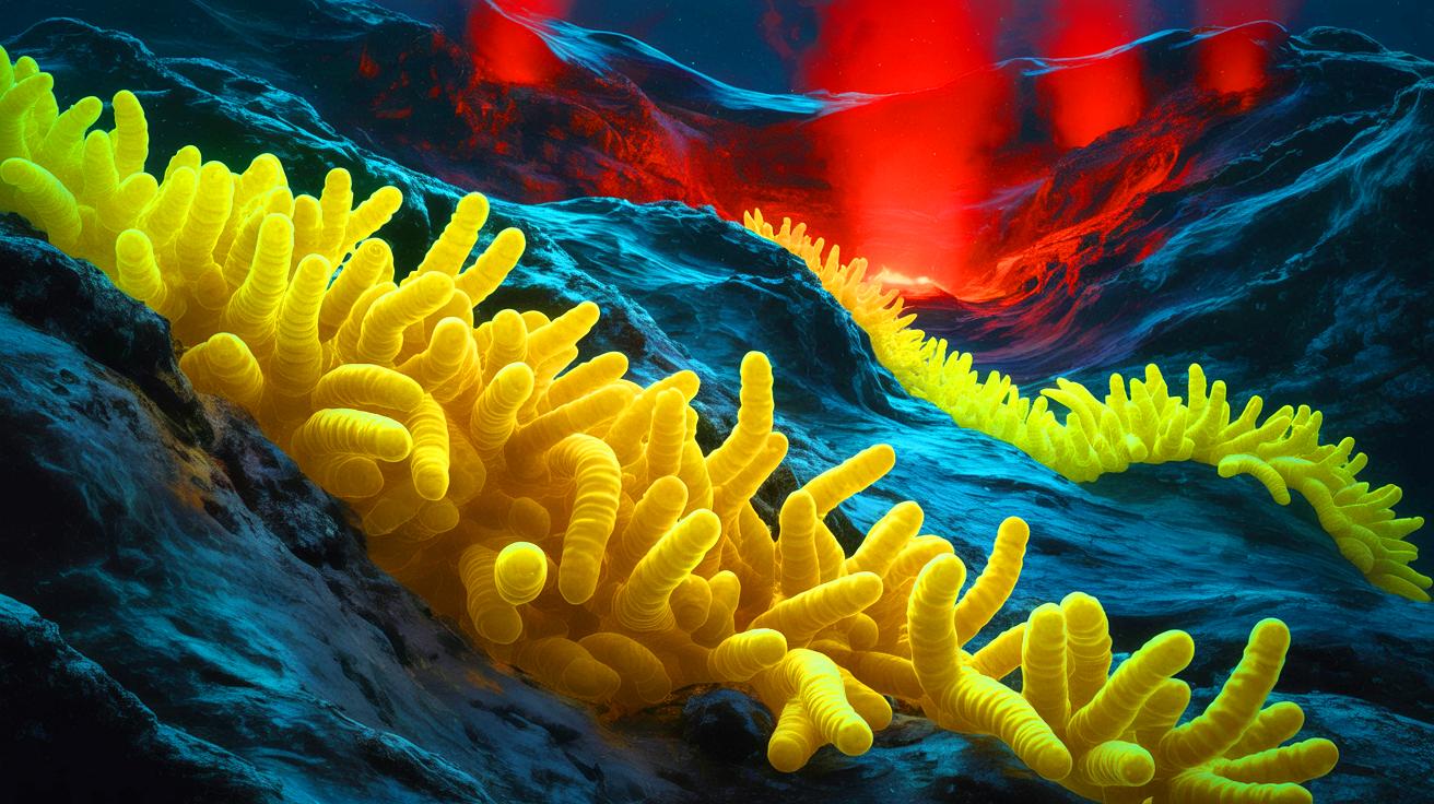 Illustration of Paralvinella hessleri worms thriving in hydrothermal vent environments.