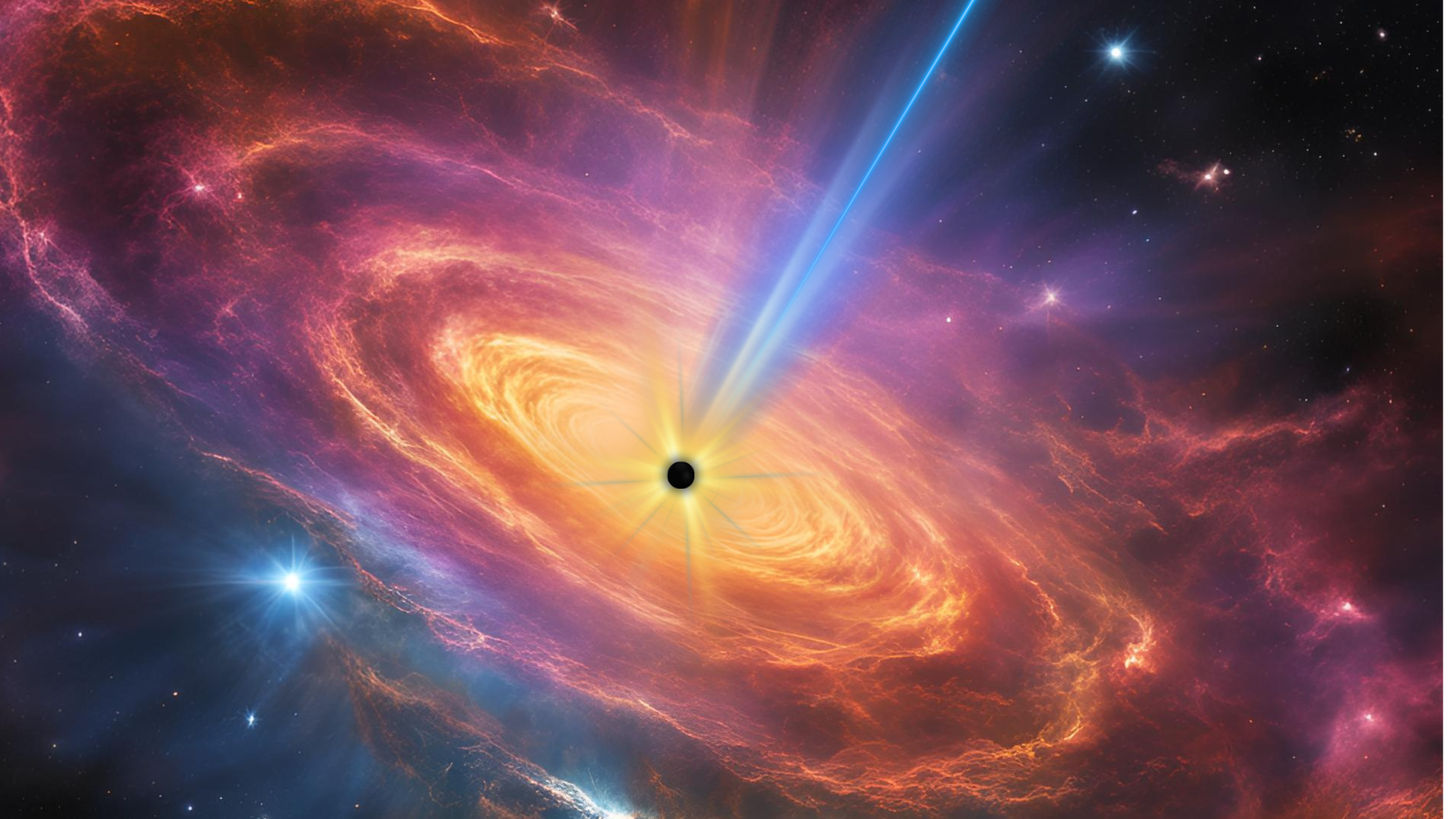 An illustration showing vibrant colors in a disk around a black dot. A blue jet of light is shooting upward from the dot.