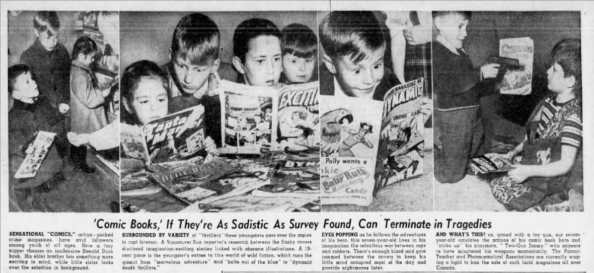 Black and white photos of young children reading comic books top an article in a newspaper.