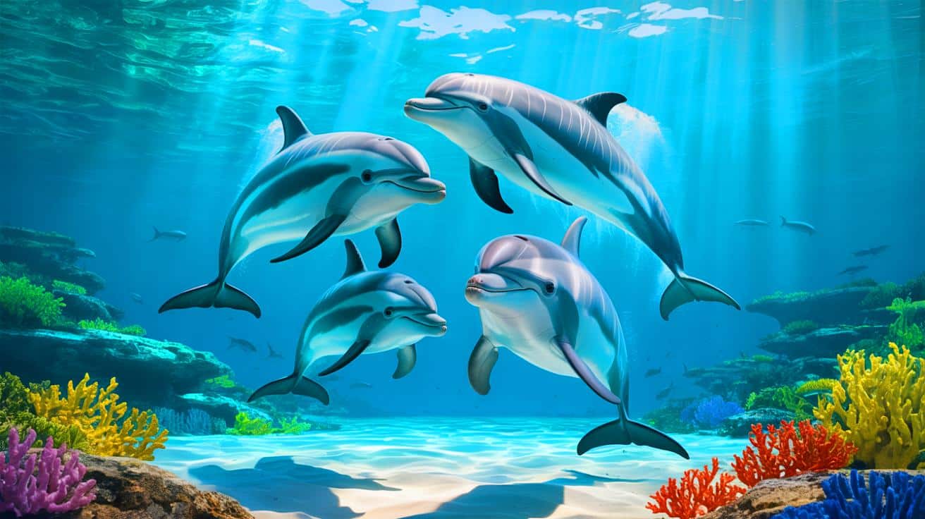 Illustration of Hector’s Dolphins Performing Underwater Acrobatics.