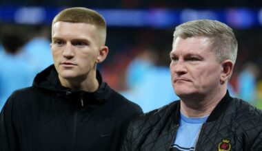 Former boxer Ricky Hatton with his son, Campbell Hatton. Pic: PA