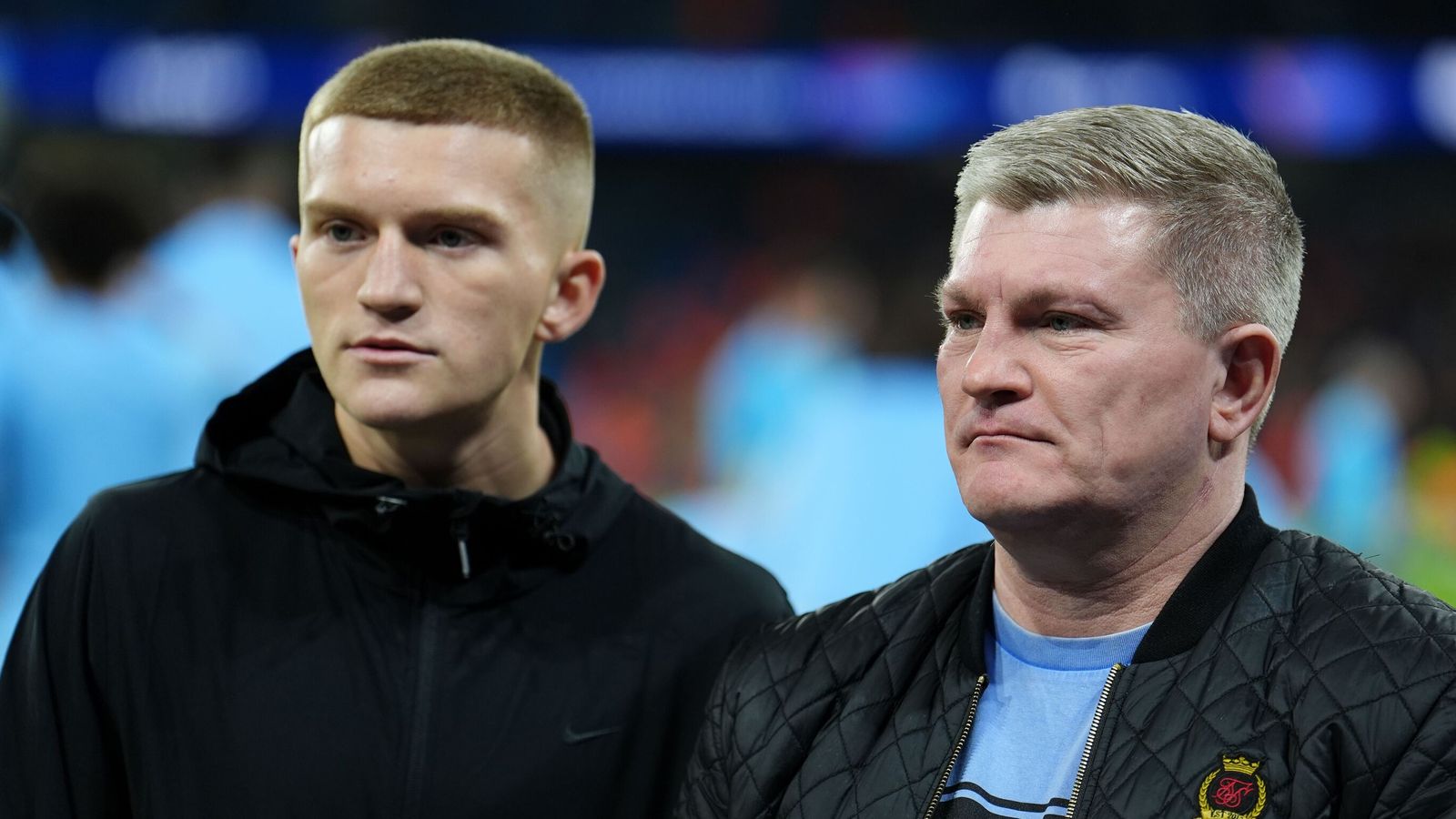 Former boxer Ricky Hatton with his son, Campbell Hatton. Pic: PA