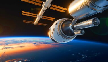 Illustration of a Dragon spacecraft approaching the International Space Station for docking.