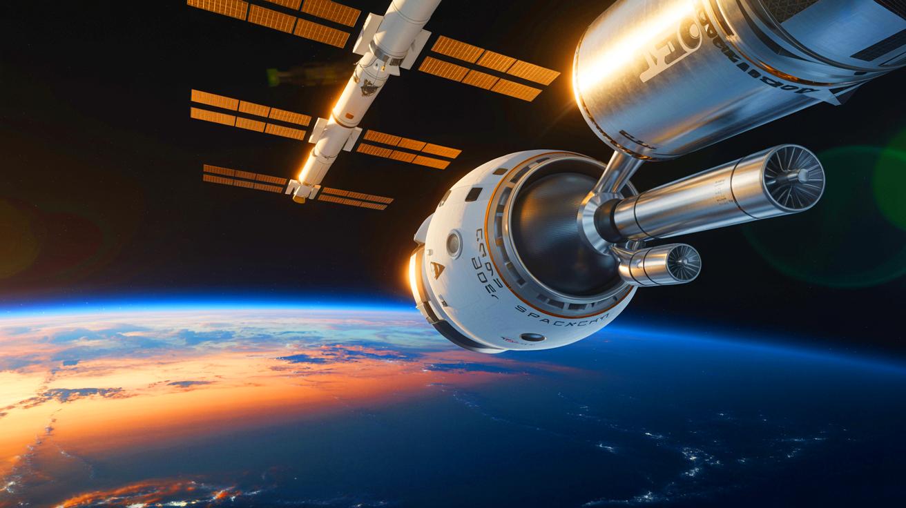 Illustration of a Dragon spacecraft approaching the International Space Station for docking.