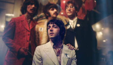 The Beatles, one of the most famous groups in the history of pop music; from left to right, George Harrison (1943 - 2001), Ringo Starr, John Lennon (1940 - 1980), and in front, Paul McCartney, at the EMI studios in Abbey Road, as they prepare for 'Our World', a world-wide live television show broadcasting to 24 countries with a potential audience of 400 million.
