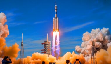 Illustration of China's Long March 10 rocket launch at the Wenchang Space Launch Site.