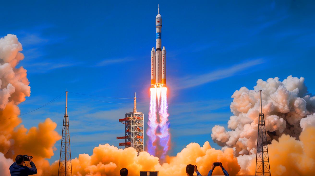 Illustration of China's Long March 10 rocket launch at the Wenchang Space Launch Site.