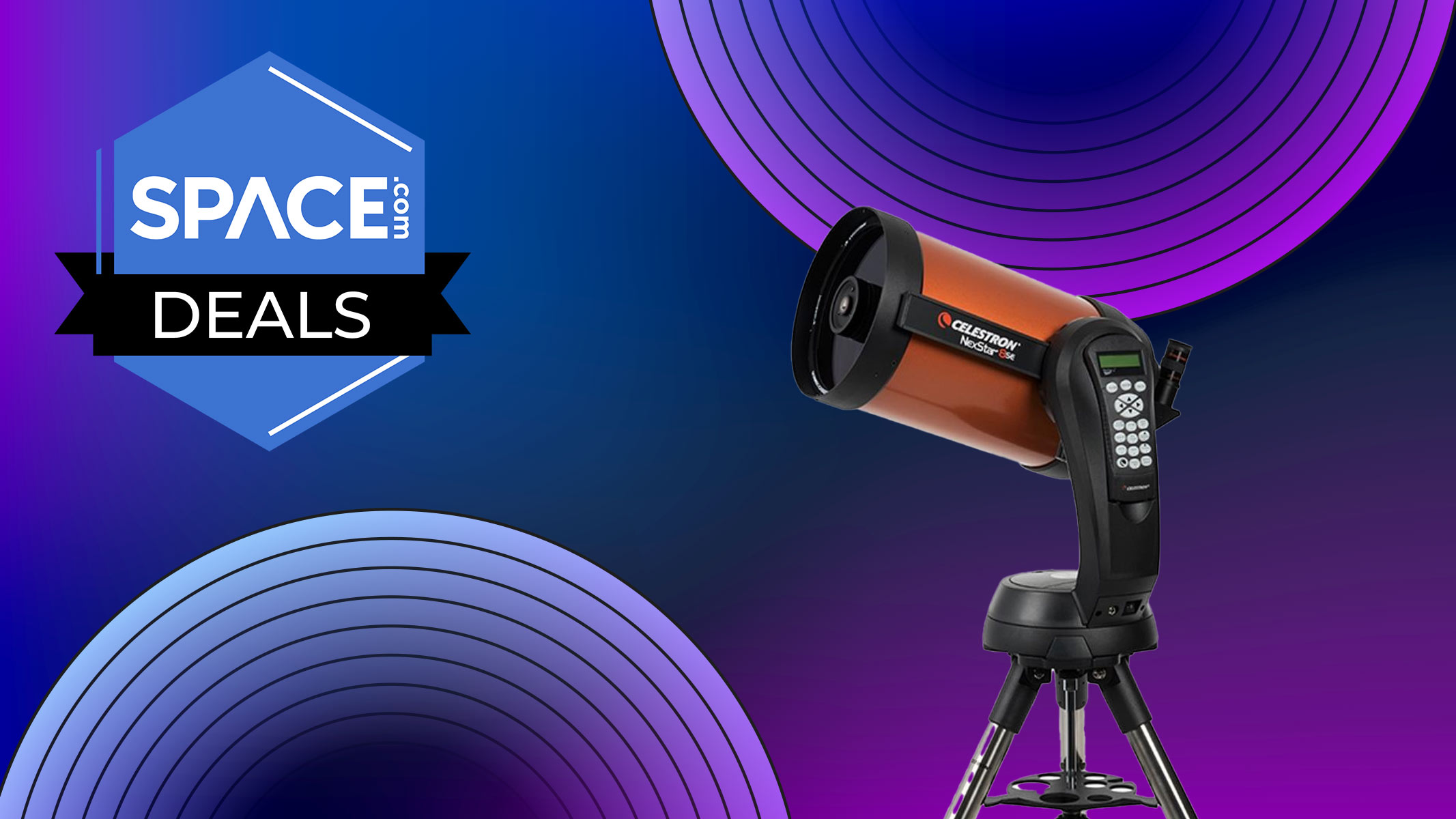 Celestron NexStar 8SE telescope with orange optical tube on a blue background featuring disco circles with a space.com logo in the top left corner