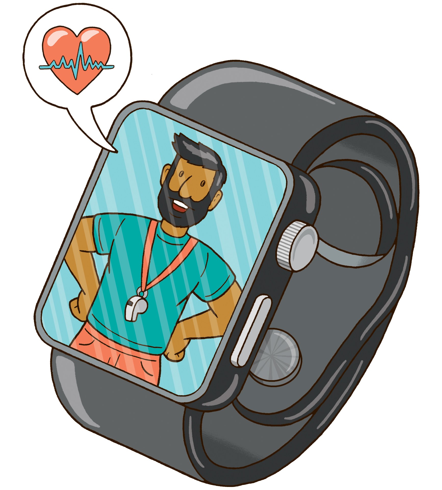 Illustration of a fitness trainer on a smartwatch screen with a heart rate icon.