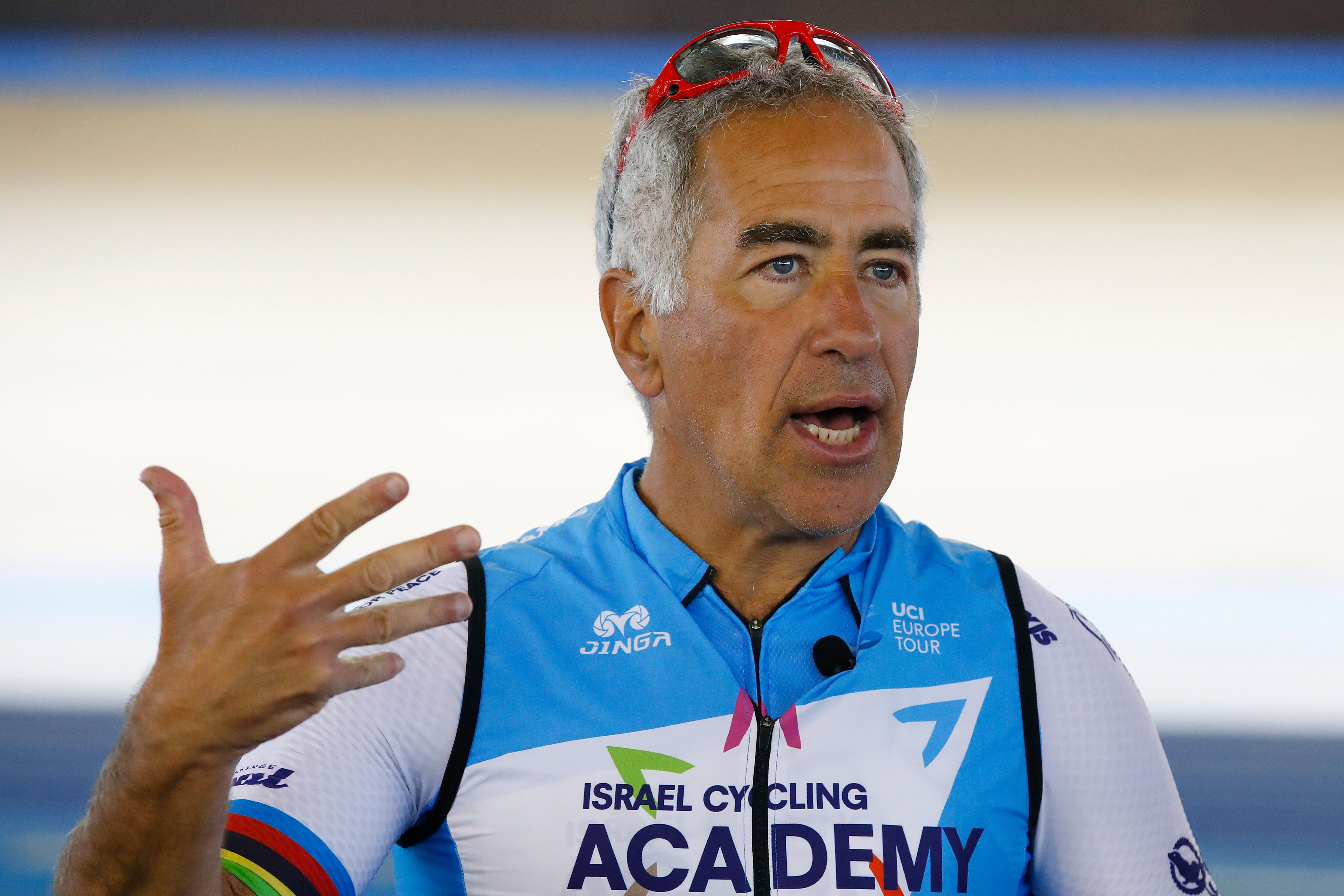 Sylvan Adams, an Israeli-Canadian billionaire, speaks during a training session in the Sylvan Adams National Velodrome.