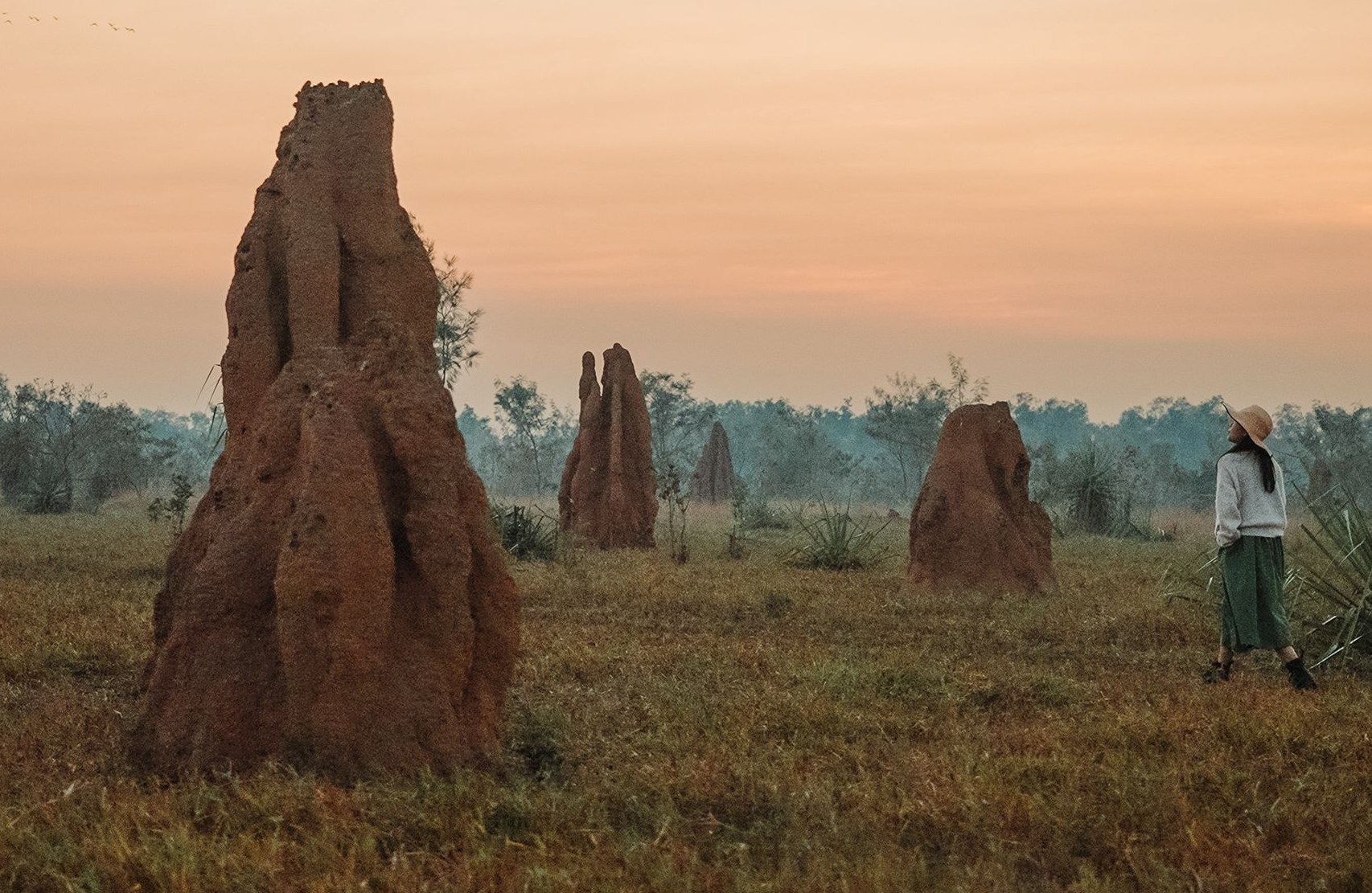 A woman walking through a field with large termite mounds at sunset.