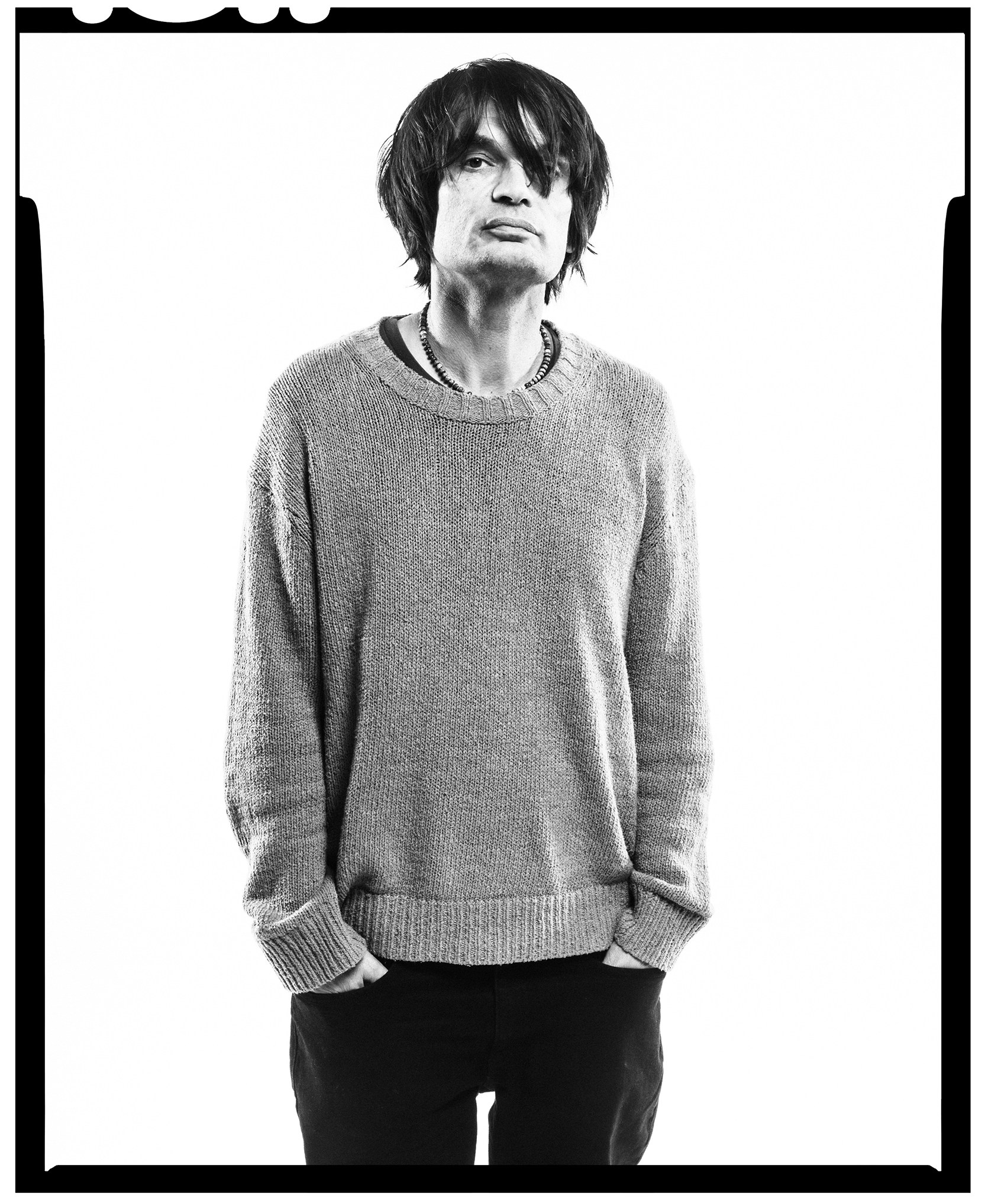 Black and white portrait of Radiohead's Thom Yorke.