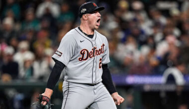Tigers pitcher Tarik Skubal celebrates striking out Mariners catcher Cal Raleigh in the sixth inning of ALDS Game 5 at T-Mobile Park in Seattle on Friday, Oct. 10, 2025.