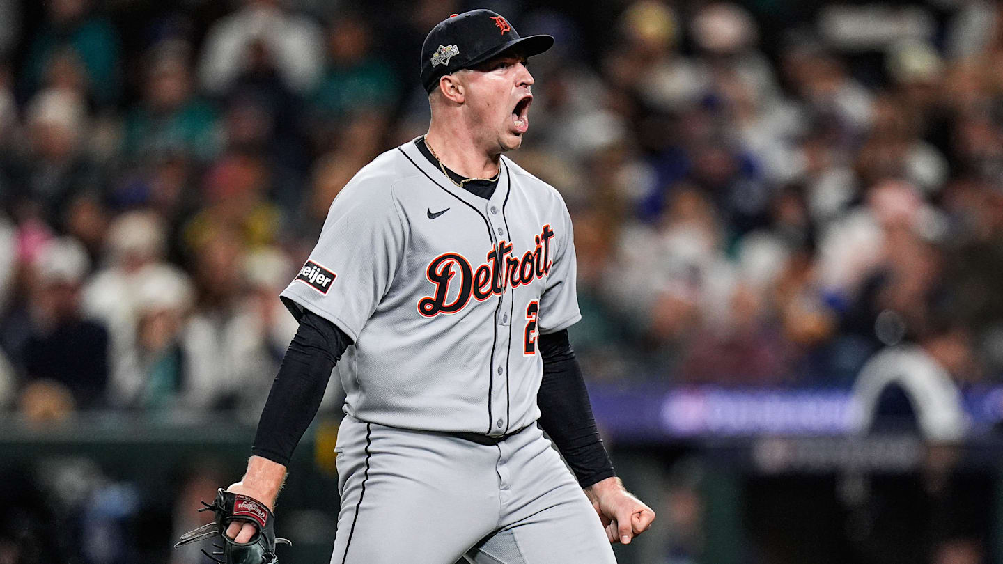 Tigers pitcher Tarik Skubal celebrates striking out Mariners catcher Cal Raleigh in the sixth inning of ALDS Game 5 at T-Mobile Park in Seattle on Friday, Oct. 10, 2025.