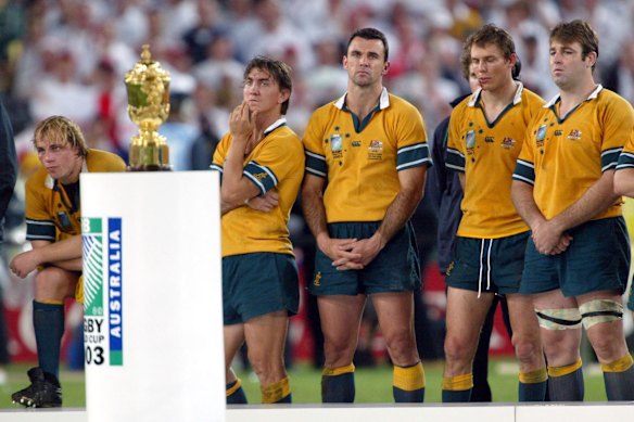 Former league star Mat Rogers watches on as England claim the Rugby World Cup in 2003.