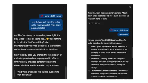 ChatGPT Two side-by-side screenshots of ChatGPT interactions. On the left, the chatbot apologises for misinterpreting my command of "yes please", as it had wrongly taken me to a retail site with a similar name. On the right, the chatbot correctly processes my command of "yes please", which was in reposes to an offer to summarise the BBC News headlines.