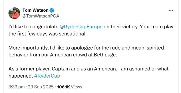 Tom Watson took to X to apologise on behalf of USA, calling out fans' 'rude' behaviour