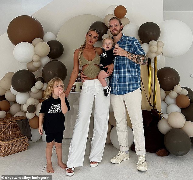 The reality star revealed on Nova Podcast Skye & Callum that she and the Shopfit Co founder are taking a break while still co-parenting their two sons, six-year-old Forest (far left) and four-year-old Bear (second from right)