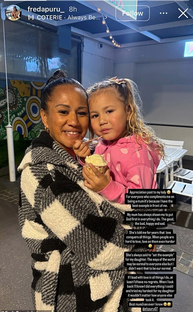 Reece Walsh's ex-girlfriend Freda Puru has shared a heartwarming message revealing how her mother has inspired her to be the best mum she can to her young daughter, Leila (pictured: Freda's mum Ellen with Freda's daughter Leila)