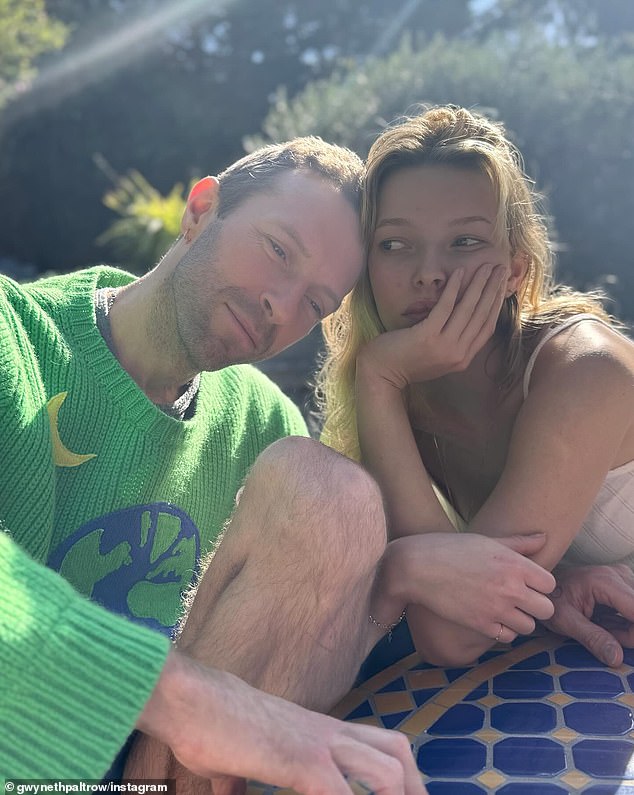 Apple's father Chris shared back in 2020 that his daughter had landed her first job in a clothes shop before she turned 16 (pictured with the Coldplay frontman in March)