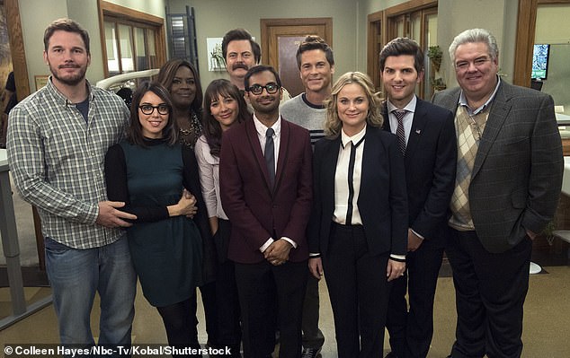 Poehler and Ansari worked on NBC's Parks and Recreation (pictured with co-stars Chris Pratt, Aubrey Plaza, Retta, Rashida Jones, Nick Offerman, Rob Lowe, Adam Scott and Jim O'Heir)