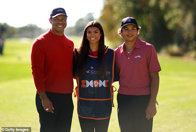 Woods is pictured with daughter Sam, 18, and son Charlie, 16 at the 2024 PNC Championship