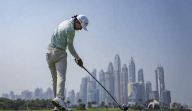 Fifa Laopakdee of Thailand plays his stroke from the No. 8 tee during the final round of the 2025 Asia-Pacific Amateur Championship at the Emirates Golf Club Majlis Course in Dubai, United Arab Emirates on Oct. 26.  [AAC]