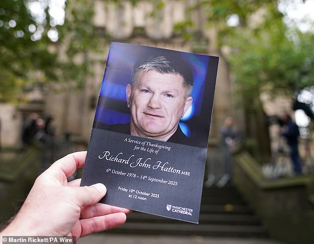The front cover of the order of service at the funeral of Ricky Hatton at Manchester Cathedral. Former world welterweight boxing champion Hatton died aged 46 on Sunday, September 14 at his home in Hyde. Picture date: Friday October 10, 2025. PA Photo. Photo credit should read: Martin Rickett/PA Wire.
