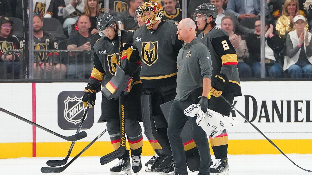 Golden Knights goalie Adin Hill exits with apparent leg injury