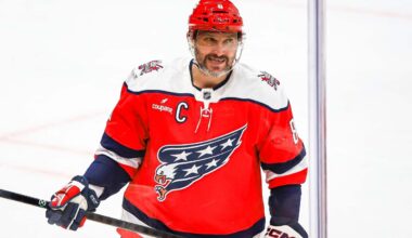 Alex Ovechkin congratulated by five other NHL players who have played 1,500 games with one franchise