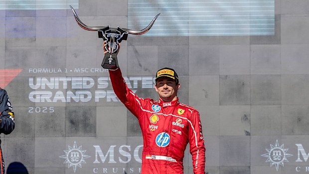 Charles Leclerc holds up his trophy after the Formula 1 F1 Grand Prix of United States.