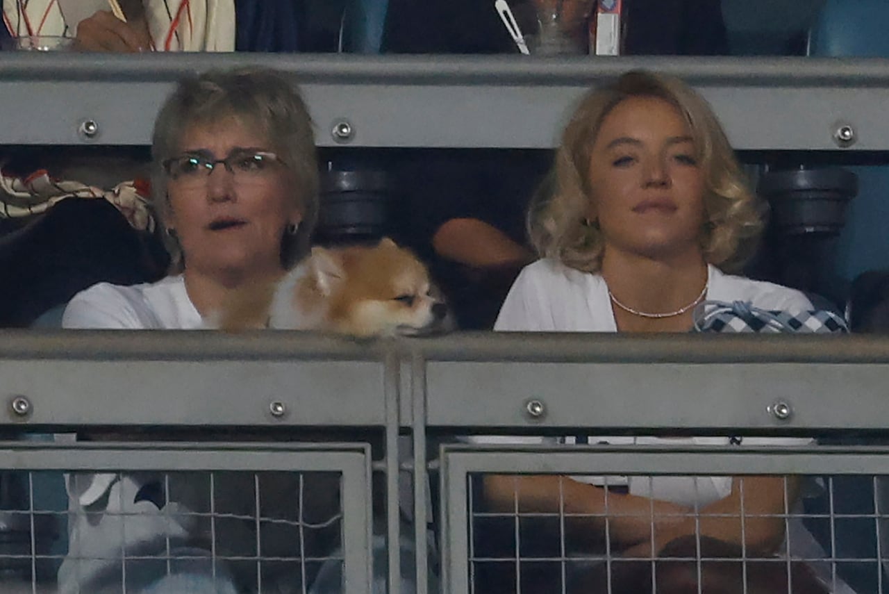 Three women sit side-by-side in the stands of a baseball stadium. The woman in the centre is holding a small dog. 