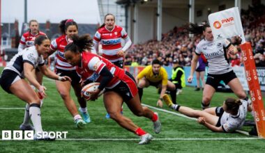 Jade Shekells (second left) runs over the tryline to score for Gloucester-Hartpury