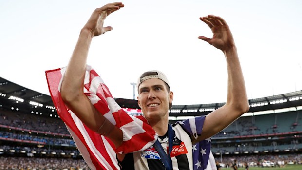 Mason Cox of the Magpies celebrates during the 2023 AFL Grand Final match between the Collingwood Magpies and the Brisbane Lions.