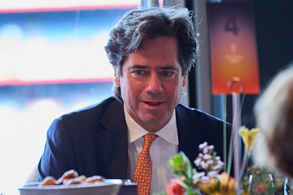 Gillon McLachlan, pictured here at a grand final lunch, sat on the same table at the Cook function as his predecessor Andrew Demetriou.