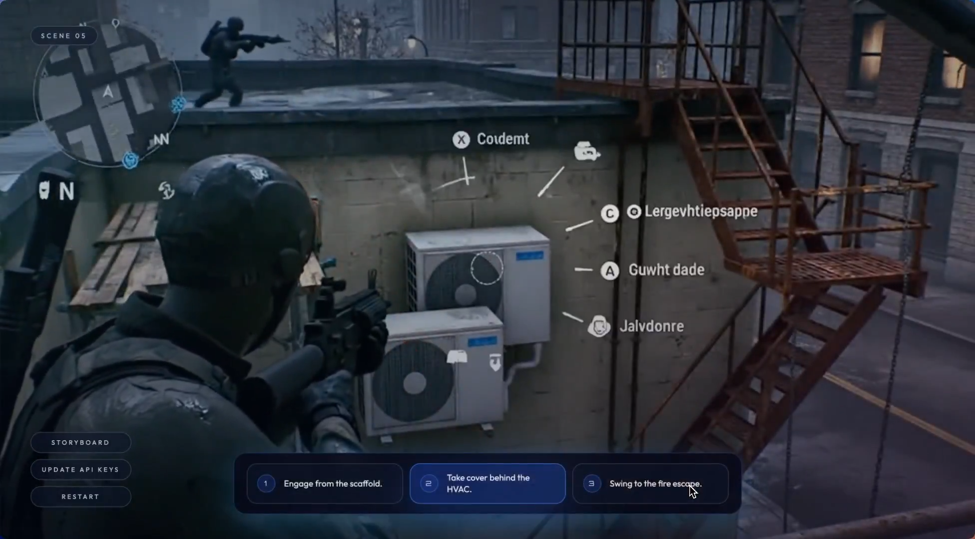 A soldier considers the options of a radial menu. The options are bad.