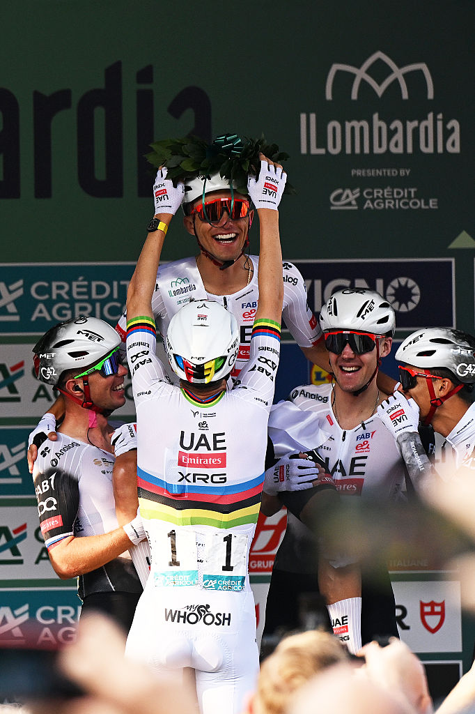 COMO, ITALY - OCTOBER 11: Rafal Majka of Poland and Team UAE Team Emirates honored in his farewell and last race as a professional cyclist prior to the 119th Il Lombardia 2025 a 241km one day race from Como to Bergamo on October 11, 2025 in Como, Italy. (Photo by Dario Belingheri/Getty Images)