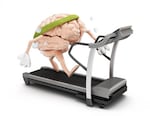 This image shows a cartoon-like pink brain with thin arms and legs walking on a treadmill. The brain is wearing a lime-green headband, and droplets of sweat drip out of the brain.