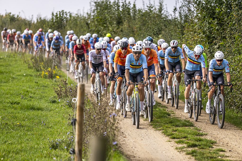 The pack rides during the men's elite race cycling event as part of the UCI Gravel World Championships in Maastricht, on October 12, 2025. (Photo by Marcel van Hoorn / ANP / AFP) / Netherlands OUT