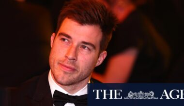 Essendon captain Zach Merrett speaks at the club’s best and fairest count, the Crichton Medal