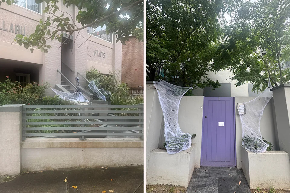 Left: Flats in Sydney with fake web in the yard. Right: An entrance to a house with fake web on the fence.