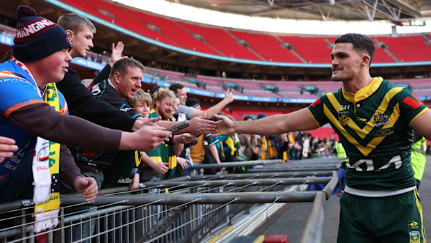 Australia's Nathan Cleary during a lap of honour after his side defeated England in the Rugby League Ashes match at Wembley Stadium.