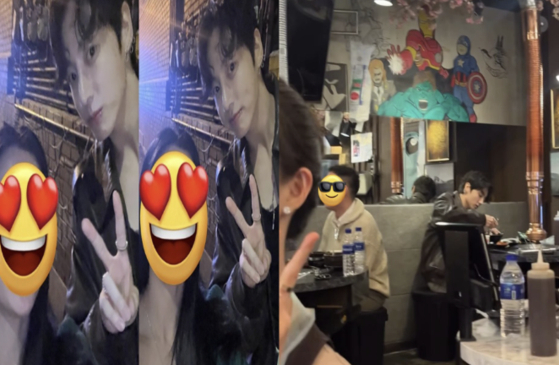 Boy band BTS member Jungkook is seen taking photos with fans after dining alone at a restaurant in Seoul on Oct. 29 in this photo uploaded to X [SCREEN CAPTURE]