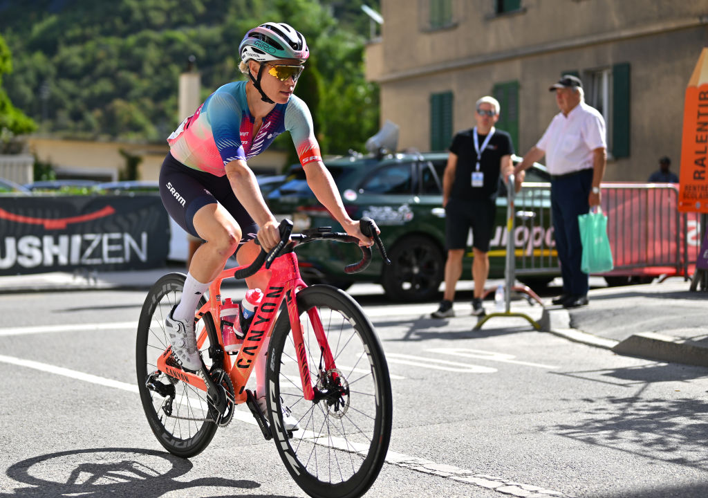 CHIPPIS, SWITZERLAND - SEPTEMBER 07: Tiffany Cromwell of Australia and Team Canyon//SRAM Racing prior to the 3rd Tour de Romandie Feminin 2024, Stage 2 a 101.9km stage from Chippis to Vercorin 1319m / #UCIWWT / on September 07, 2024 in Chippis, Switzerland. (Photo by Luc Claessen/Getty Images)
